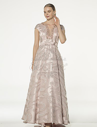 Short Sleeve Pink Jacquard Evening Dress