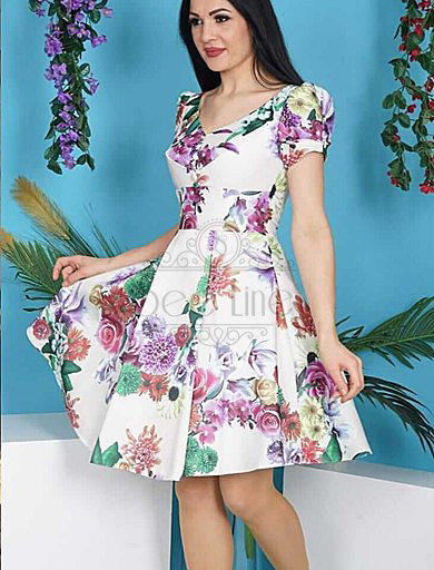 digital print short powder dress with corsage, digital print short powder dress with corsage
