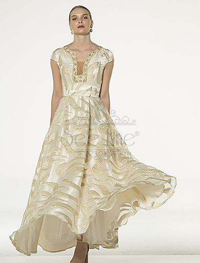 Short Sleeve Gold Jacquard Evening Dress