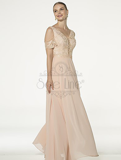 Long Salmon Evening Dress With Lace Sleeves
