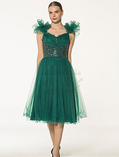 shoulder tape french length green dress, shoulder tape french length green dress
