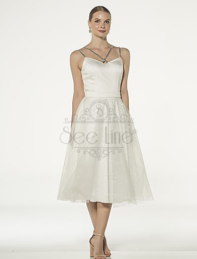 Stone Strap French Length White Dress