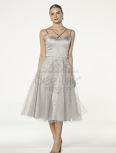 Stone Strap French Length Gray Dress
