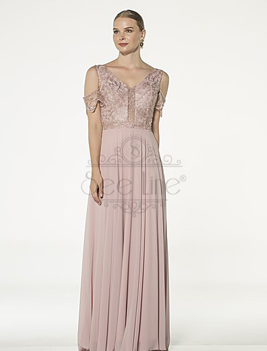 Long Powder Evening Dress With Lace Sleeves