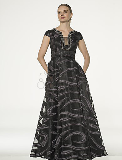 Short Sleeve Black Jacquard Evening Dress