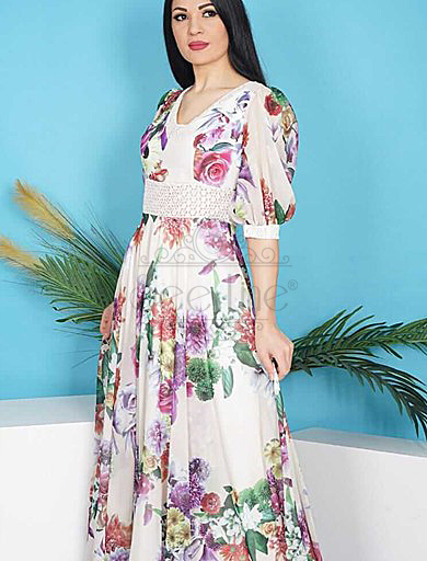 a neck digital printed long chiffon powder dress, a neck digital printed long chiffon powder dress