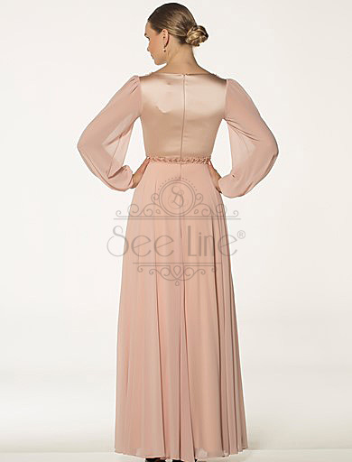 Long Powder Evening Dress With Chiffon Sleeves