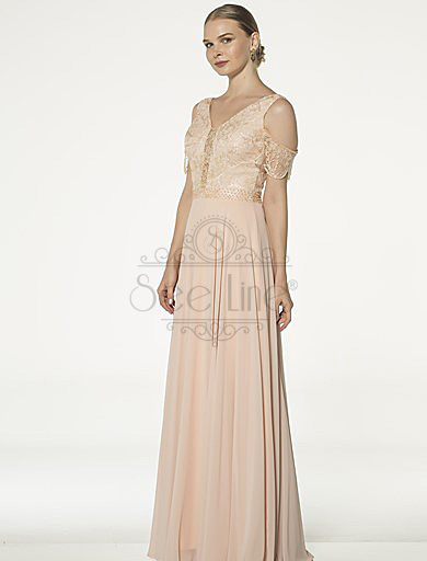 Long Salmon Evening Dress With Lace Sleeves