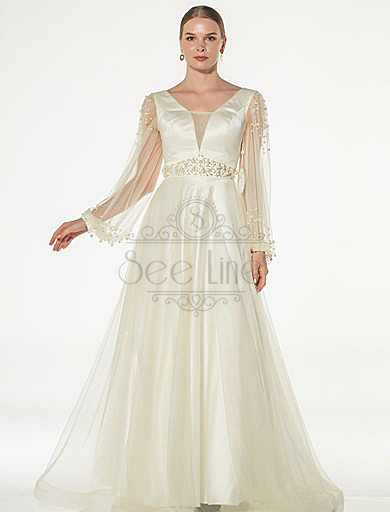 pearl stone cream evening dress, pearl stone cream evening dress