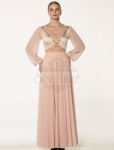 long powder evening dress with chiffon sleeves, long powder evening dress with chiffon sleeves