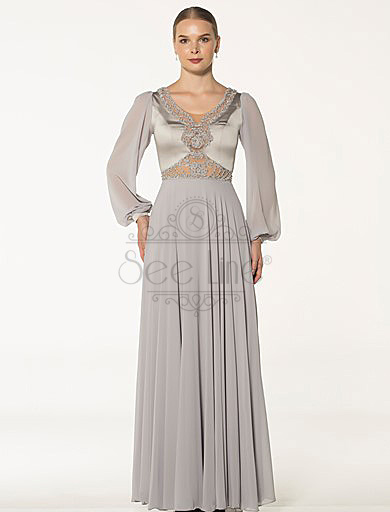 long gray evening dress with chiffon sleeves, long gray evening dress with chiffon sleeves