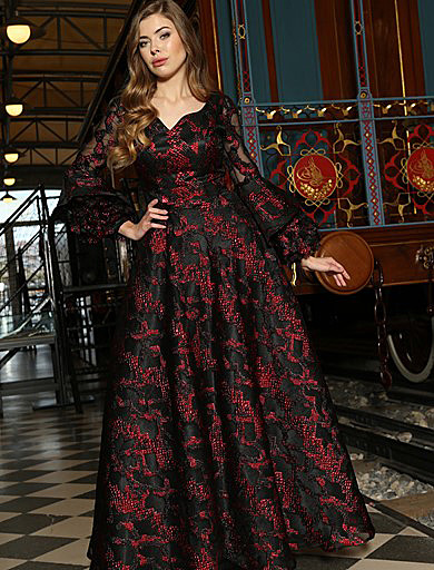 Spanish Sleeve Red Jacquard Evening Dress