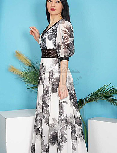 a neck digital printed long chiffon black dress, a neck digital printed long chiffon black dress