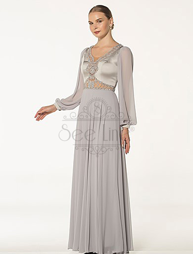 Long Gray Evening Dress With Chiffon Sleeves