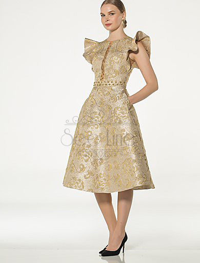 Butterfly Sleeve French Length Jacquard Beige Dress