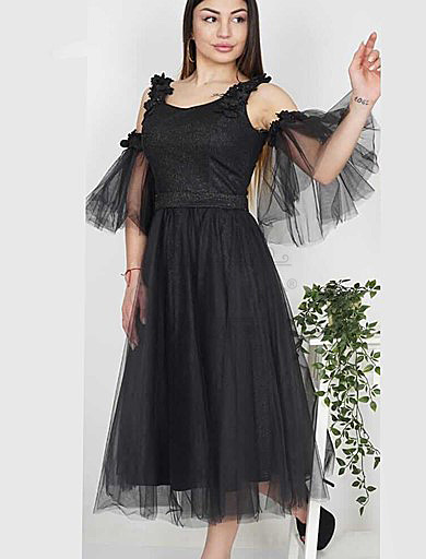 black dress with flywheel sleeves, black dress with flywheel sleeves