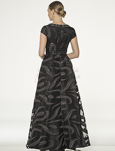 Short Sleeve Black Jacquard Evening Dress