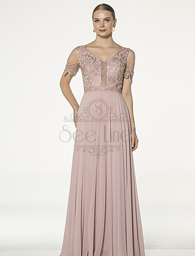Long Powder Evening Dress With Lace Sleeves