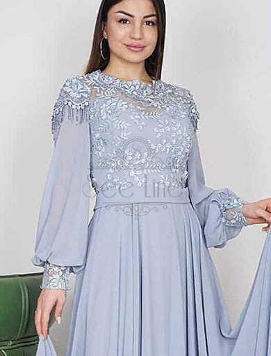 Long Blue Evening Dress with eaves Embroidered Sleeves