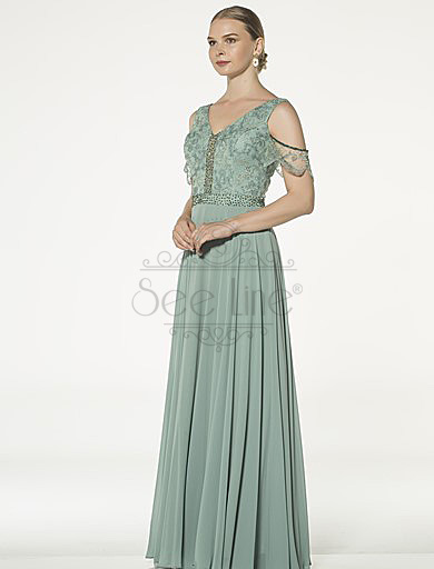 Long Mint Green Evening Dress With Lace Sleeves