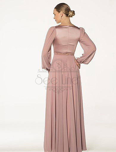 Chiffon Sleeve Long Dried Rose Evening Dress