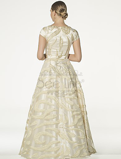 Short Sleeve Gold Jacquard Evening Dress