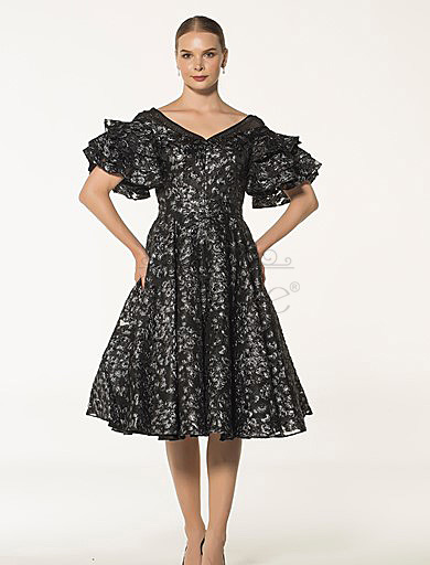 High Decollete Butterfly Sleeve French Length Black Dress