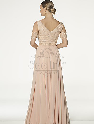 long salmon evening dress with lace sleeves, long salmon evening dress with lace sleeves