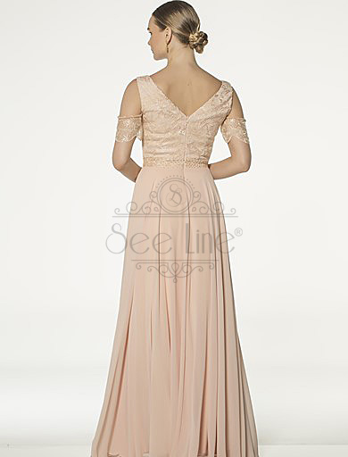 Long Salmon Evening Dress With Lace Sleeves