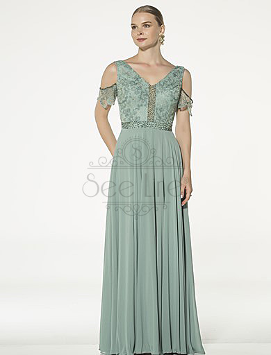 long mint green evening dress with lace sleeves, long mint green evening dress with lace sleeves