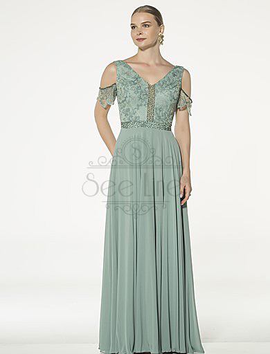 Long Mint Green Evening Dress With Lace Sleeves