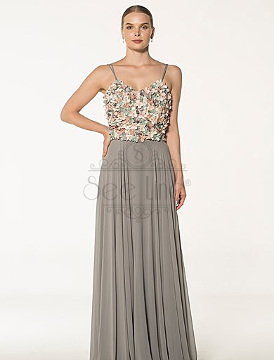 Flower Detailed Rope Strap Gray Dress