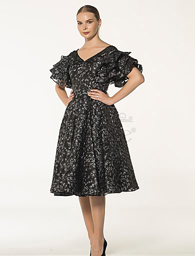 High Decollete Butterfly Sleeve French Length Black Dress