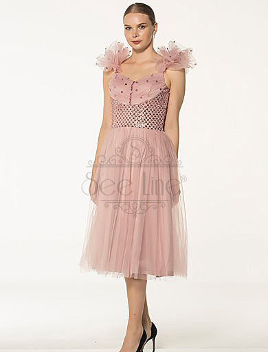 shoulder tape french length pink dress, shoulder tape french length pink dress