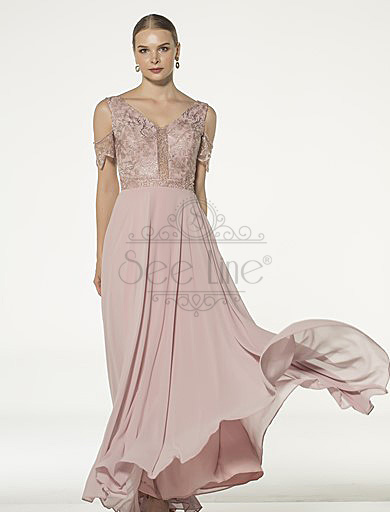 Long Powder Evening Dress With Lace Sleeves