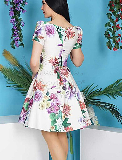 Digital Print Short Powder Dress With Corsage