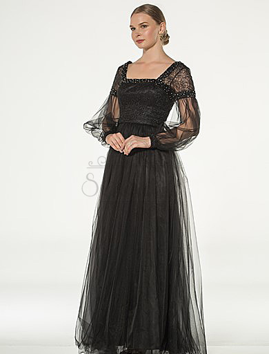 Square Collar Sleeves Flounce Long Black Dress