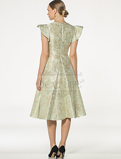 French Length Jacquard Green Dress with Butterfly Sleeves