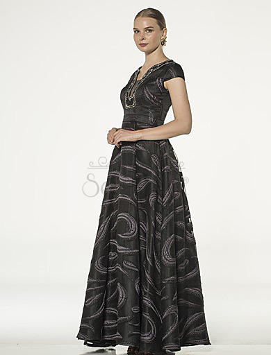 Short Sleeve Black Jacquard Evening Dress