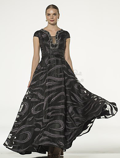 Short Sleeve Black Jacquard Evening Dress