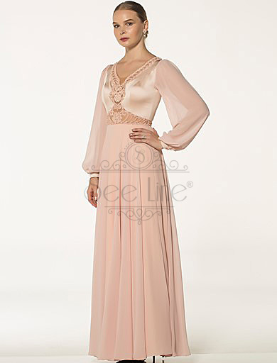 Long Powder Evening Dress With Chiffon Sleeves