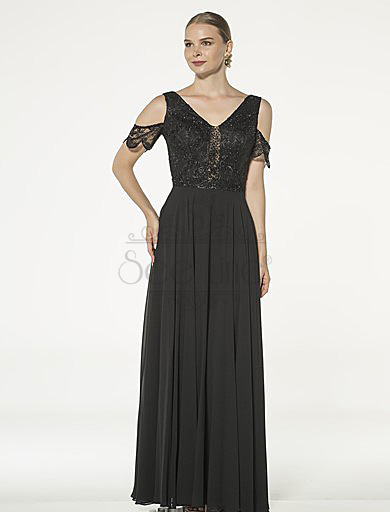Long Black Evening Dress With Lace Sleeves
